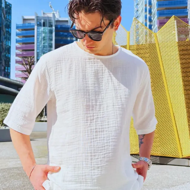 Ekru - Fakir Kol Müslin Kumaş T-Shirt - QA-009