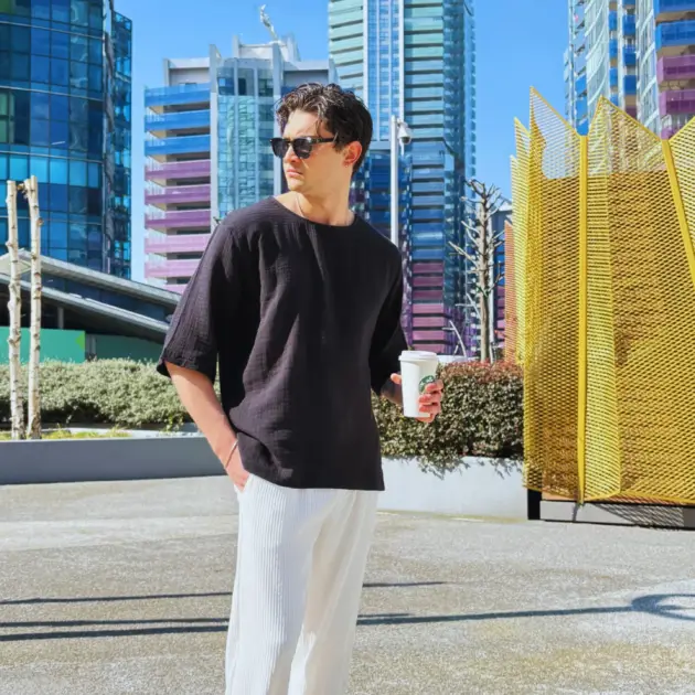 Siyah - Fakir Kol Müslin Kumaş T-Shirt - QA-010