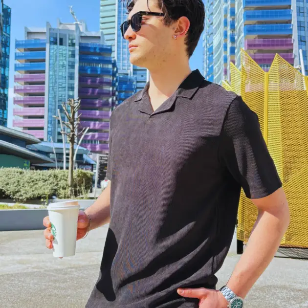 Siyah - Apache Polo Yaka Fitilli T-shirt - QA-012