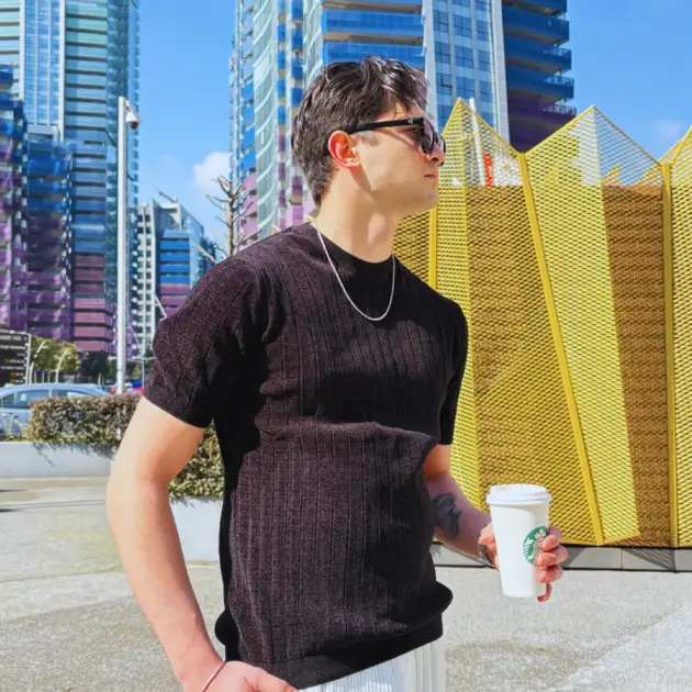 Siyah - Bisiklet Yaka Örme Kumaş T-shirt - QA-011